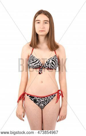 Young Beautiful Girl In A Swimsuit On A White Background, Sad Expression Like A Smooth-head Blobfish