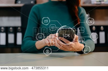 Sdk  Software Development Kit Programming Language Technology Concept, Person Typing Laptop Computer