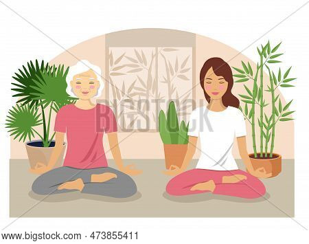 Smiling Senior Woman And A Young Woman Meditating Relaxing. Mother And Daughter Or Granny And Grandd