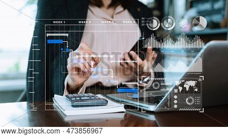 Businessman Hand Project Manager Working And Update Tasks And Gantt Chart Scheduling Virtual Diagram