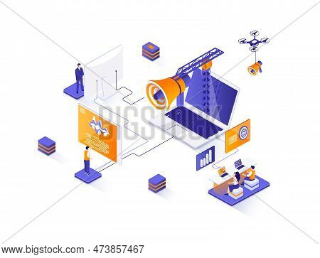 Outbound Marketing Isometric Web Banner. Online Advertising And Promotion In Social Media Isometry C