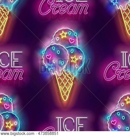 Seamless Pattern With Glow Ice Cream Balls In Cone, Candies And Inscription. Sweet Dessert Concept. 