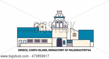 Greece, Corfu Island, Monastery Of Paleokastritsa Travel Landmark Vector Illustration