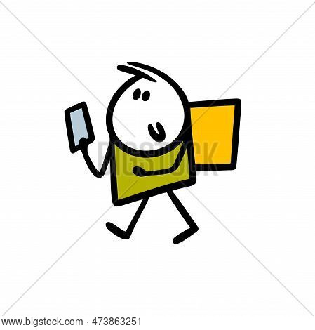 Courier Walking With Big Box Bringing Oder To The Buyer.