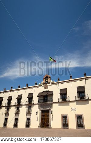 A Queretaro City Mexico Downtown Plaza Independencia With Mexico Flag