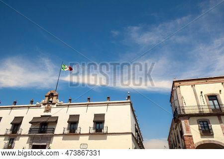 A Queretaro City Mexico Downtown Plaza Independencia With Mexico Flag