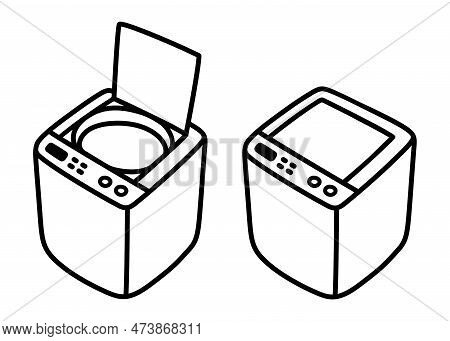 Top Loading Washing Machine With Open And Closed Lid, Isometric Drawing. Hand Drawn Cartoon Doodle. 