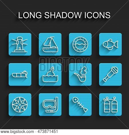 Set Line Wind Rose, Diving Mask And Snorkel, Lighthouse, Dead Fish, Aqualung, Bottle With Message Wa