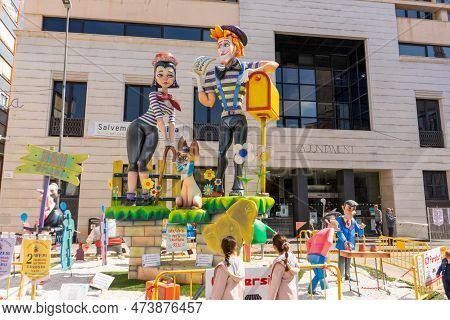 Burriana, Spain 18-03-2023: View Of The Sculpted Monument For Its Exhibition And Its Burning In The 
