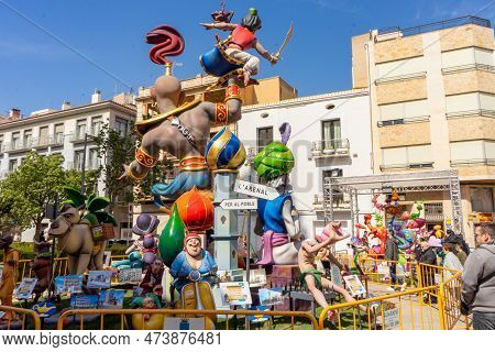 Burriana, Spain 18-03-2023: View Of The Sculpted Monument For Its Exhibition And Its Burning In The 