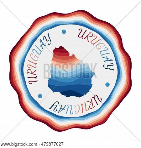Uruguay Badge. Map Of The Country With Beautiful Geometric Waves And Vibrant Red Blue Frame. Vivid R