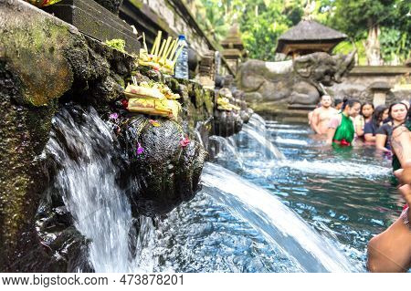 Bali, Indonesia - February 28, 2020: Pool Holy Water In Pura Tirta Empul Temple On Bali, Indonesia