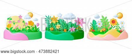 Flower 3d On Podium. Flowers Bouquets Or Meadow Render Composition. Landscape Realistic Plasticine E