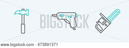 Set Line Chainsaw, Claw Hammer And Electric Hot Glue Gun Icon. Vector