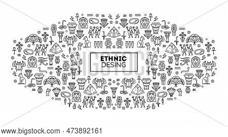 Egipt Cover Template, Decorative African Border. Black And White Art Decoration Shapes. Line Style W