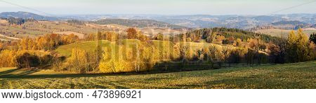 Autumn Panorama From Bohemian And Moravian Highland, View From Konikov Vecov Village, Zdarske Vrchy,