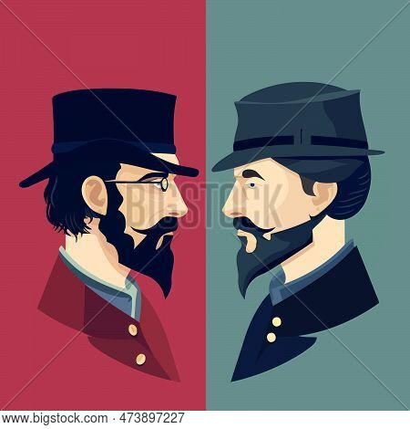 American Civil War Depicted By Two Men Confronting Each Other Union Vs Confederacy Minimalist Vector
