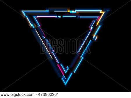 Abstract Tech Glowing Neon Triangle Vector Background With Glitch Effect