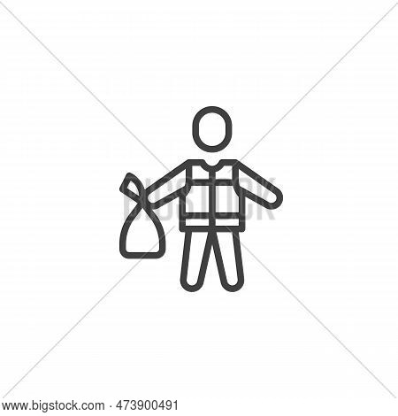 Garbage Collector Line Icon. Linear Style Sign For Mobile Concept And Web Design. Man With Garbage B
