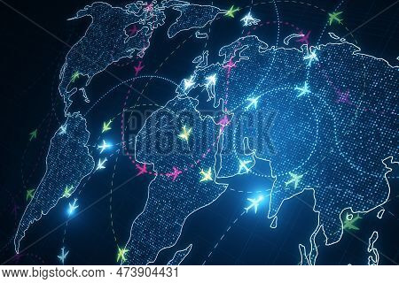 Creative Glowing Digital Map With Ariplane Connections On Dark Backdrop. Flight Routes Airplanes Net