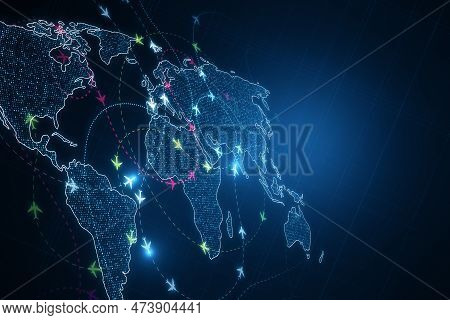Creative Glowing Digital Map With Ariplane Connections On Dark Texture. Flight Routes Airplanes Netw
