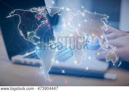 Close Up Of Workplace With Businessman Hands Using Devices With Glowing Digital Map With Ariplanes O