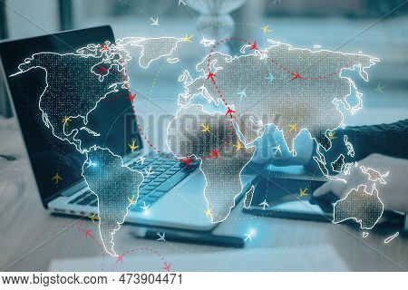 Close Up Of Workplace With Male Hands Using Devices With Glowing Digital Map With Ariplanes On Blurr