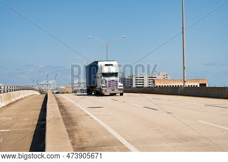Miami, Florida Usa - April 15, 2021: Freightliner Cascadia Truck On The Road, Front View