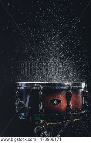 Beautiful Snare Drum On A Black Background, Close Up.
