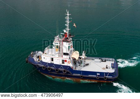 Aerial View Of Marine Tugboat In Sea. Photo Of Tugboat. Tugboat Outdoor. Tugboat In The Sea