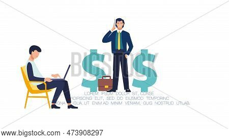 Vector Flat Illustration. A Businessman Negotiates Finances, An Employee Works On A Laptop. Annual B