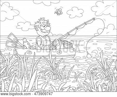 Funny Experienced Fisherman Sitting In An Inflatable Boat With A Fishing-rod And Catching Small Fish