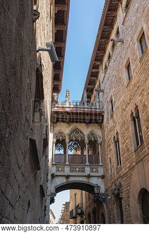 El Pont Del Bisbe - Bridge Of Bishop In The Gothic Neighborhood Of Barcelona, Spain.