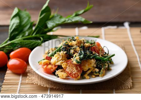 Northern Thai Food, Stir Fried Gurmar Leaf (gymnema Inodorum) With Egg, Local Food