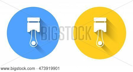 White Engine Piston Icon Isolated With Long Shadow Background. Car Engine Piston Sign. Circle Button