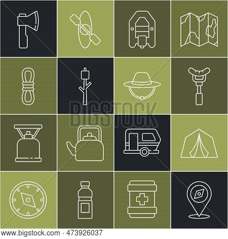 Set Line Compass, Tourist Tent, Sausage On The Fork, Rafting Boat, Marshmallow Stick, Climber Rope, 