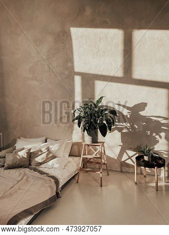 Sunny Bedroom With Bed And Big Flower Next To It. Light Bedding And Lots Of Pillows. Plant Pot Stand