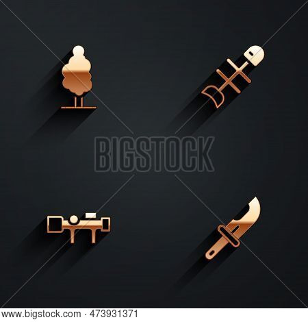 Set Tree, Dead Fish, Sniper Optical Sight And Hunter Knife Icon With Long Shadow. Vector