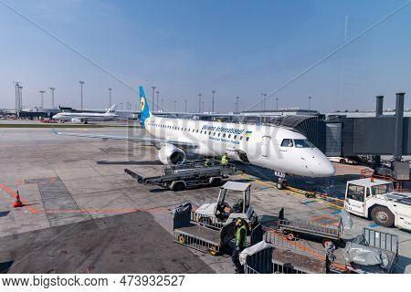Copenhagen, Denmark - April 05, 2019: International Copenhagen Airport. Ukraine International Airlin