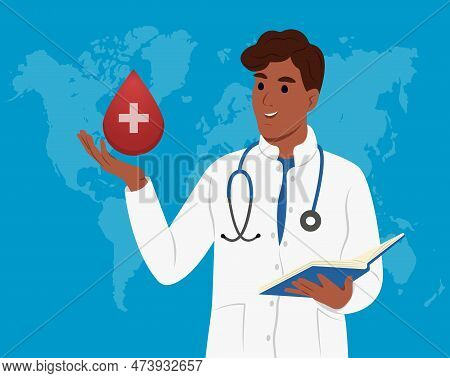 World Hemophilia Day. The Doctor Holds A Drop Of Blood. A Laboratory Technician Examines A Blood Tes