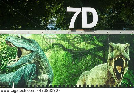 Lviv Ukraine - 07 25 2021:park Open Air Cinema Poster 7d Realistic Jurassic Dinosaur Movie