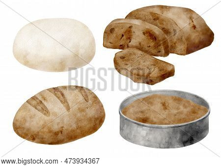 Watercolor Bread Illustration Set. Hand Drawn Loaf Of Wheat Bread, Sliced Rye Bread, Dough And Pie P