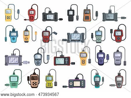 Car Diagnostic Scanner Icons Set Cartoon Vector. Digital Computer. Data Check