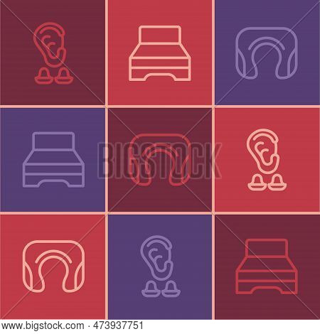 Set Line Earplugs And Ear, Travel Neck Pillow And Big Bed Icon. Vector