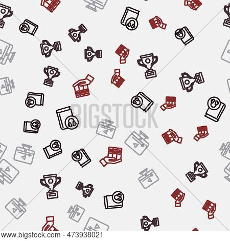 Set Line Audio Book, Award Cup, Online Play Video And Book Donation On Seamless Pattern. Vector