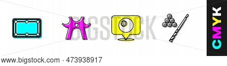 Set Billiard Table, Rest, Location With Billiard Ball And Cue And Icon. Vector