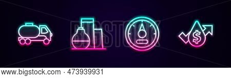 Set Line Tanker Truck, Oil Tank Storage, Motor Gas Gauge And Price Increase. Glowing Neon Icon. Vect