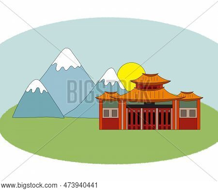 Horizontal Illustration. Traditional Chinese Red Building, Beautiful Asian Pagoda, Landscape With Mo