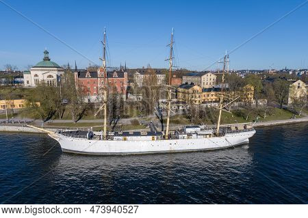 Stockholm, Sweden - August 20, 2022: Af Chapman And Admiralty House. Full-rigged Steel Ship Moored O