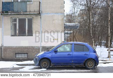 A Blue Rusty Microliter Is Parked Near A Residential Building, Iskrovsky Prospekt, St. Petersburg, R